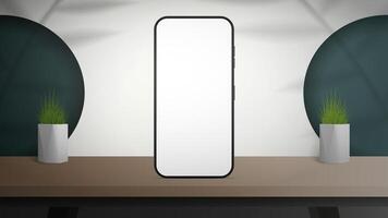 A white phone on a table with a plant in the corner vector