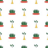 Seamless background with flowers in a pot. Minimalism background with flower pots and triangles. Line art. Vector illustration.