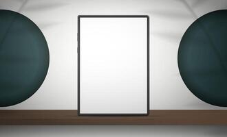 Tablet with a white screen. White studio with green holes in round circles. Studio background space with shadows and shelf. Vector. Realistic style. vector