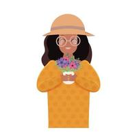 A dark-skinned girl in a hat holds a pot of flowers in her hands. African American cute girl. Isolated. Vector. vector