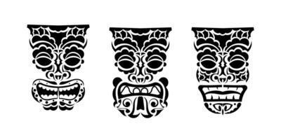 Set of Faces totems in ornament style. Polynesian, Maori or Hawaiian tribal patterns. Good for prints, tattoos, and t-shirts. Isolated. Vector