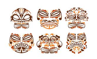 Tribal mask ethnic set. Polynesian colored patterns of faces illustration on white background. Vector illustration