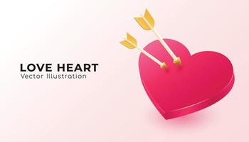 3D red isometric heart shape with dart. Vector Illustration