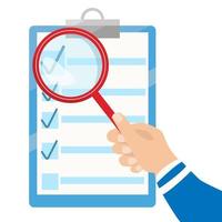 Vector business contract and magnifier. Checklist flat icon. Analyzing document.