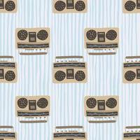 Beige and brown tape recorder seamless pattern. Disco style artwork with blue stripped background. vector