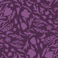 Forest botanic silhouettes seamless doodle pattern. Purple tones dark stylized artwork. vector