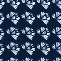 Seamless pattern with blue contoured flower shapes. Dark navy background. Simple floral backdrop. vector