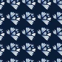 Seamless pattern with blue contoured flower shapes. Dark navy background. Simple floral backdrop. vector