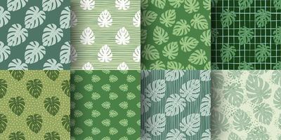 Set of monstera leaf simple shapes seamless doodle pattern. Green tones palette tropical botanic artwork collection. vector