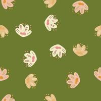 Random spring season seamless pattern with orange and white doodle flowers shapes. Green background. vector
