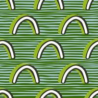 Scandinavian style kids seamless pattern with green abstract 3d shapes. Striped blue and green background. vector