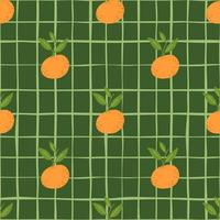 Geometric style seamless pattern with doodle orange abstract mandarin print. Green chequered background. vector