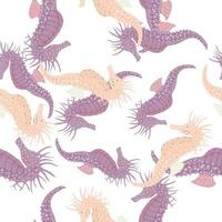 Isolated seamless pattern with pink and purple pastel colored seahorse ornament. White background. vector