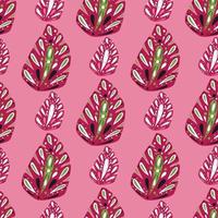 Abstract foliage seamless pattern with hand drawn folk monstera leaves. Pink palette ornament. vector