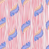 Blue seashells seamless pattern on pink stripes background. Doodle sea shell vector illustration.