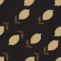 Lemon with leaf seamless pattern on black background. Hand drawn citrus fruits wallpaper. vector