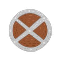 Round shield with wood isolated on white background. Cartoon cute weapon of viking in doodle style. vector