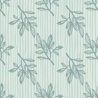 Nature print with branches seamless pattern. Navy contoured botanic ornament with light blue stripped background. vector