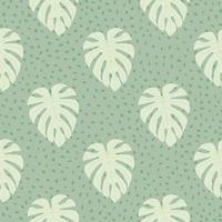 Vintage botanic seamless pattern with monstera doodle shapes. Light turquoise background with dots. Pastel tones floral print. vector