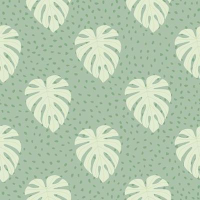 Vintage botanic seamless pattern with monstera doodle shapes. Light turquoise background with dots. Pastel tones floral print.