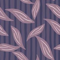Bloom seamless pattern in purple violet tones with leaves hand drawn silhouettes. Striped background. vector