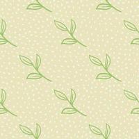 Seamless pattern with doodle hand drawn green outline leaves branches ornament. Dotted background. vector