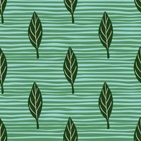 Spring style seamless pattern with green abstract leaf elements print. Striped turquoise background. vector