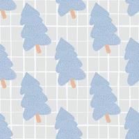 Seamless pattern with light blue christmas trees on chequered background in lilac tones. vector