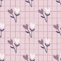 Botanic heart branches seamless pattern. Light pastel pink chequered background with purple and white elements. vector