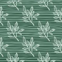 Branches outline silhouettes seamless pattern. White contoured elements on green stripped background. vector