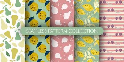 Set of fruits seamless pattern. collection of patterns - lemon with leaves, pomegranate, cherry, pear, apple. vector