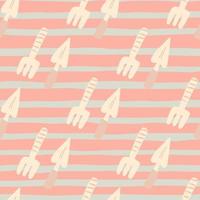 Pastel seamless garden tools pattern. Pink palette shovel and rake on stripped background. vector