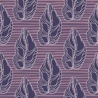 Dark botanic seamless pattern in simple style with leaf ornament. Purple striped background. vector