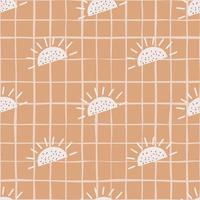 Simple style seamless nature pattern with doodle ethnic sun silhouettes. Orange background with check. vector