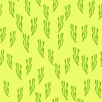 Abstract botanic seamless summer pattern with green random little branches shapes. Yellow background. vector