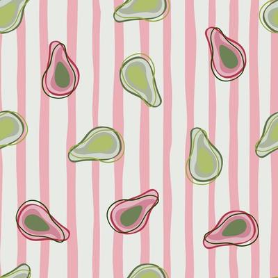 Hand drawn seamless pattern with random organic pink and green avocado shapes. Pink striped background.
