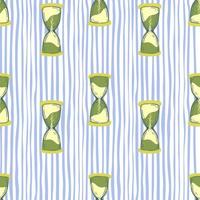 patrón transparente con elementos de reloj de arena verde. fondo de rayas blancas y azules. diseño simple. vector