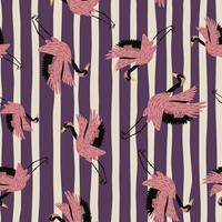 Random seamless pattern with pink japanese crane birds ornament. Purple striped background. vector