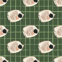 Creative seamless underwater pattern with doodle butterfly fish print. Green olive background with check. vector