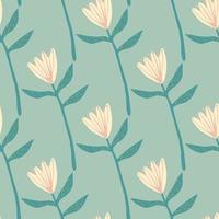 Spring seamless pattern with light pink flower shapes. Soft turquoise background. Hand drawn botanic ornament. vector