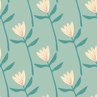 Spring seamless pattern with light pink flower shapes. Soft turquoise background. Hand drawn botanic ornament. vector