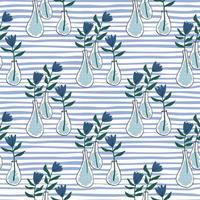 Flowers in a vase seamless hand drawn pattern. White background with strips and floral silhouettes in a navy blue color. vector