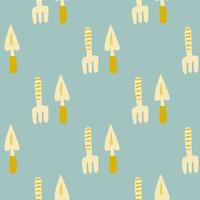 herramienta de jardín minimalista de patrones sin fisuras. siluetas de pala y rastrillo en tonos amarillos sobre fondo azul. vector