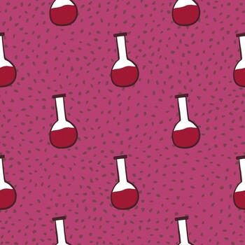 Cartoon seamless flask doodle pattern in science style. Pink dotted background. Simple study artwork. vector