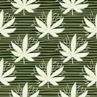 White cannabis leaves seamless pattern. Stripped green background. vector