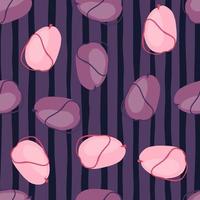 Random decorative abstract doodle plums silhouettes seamless pattern. Purple striped background. vector