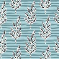 Hand drawn contoured leaf branches ornament seamless pattern. Blue striped background. Simple style. vector