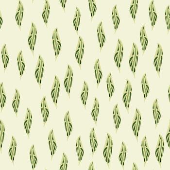 Abstract seamless nature botanic pattern with little random green leaves elements. Light pastel background. vector