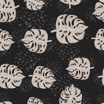 Random seamless abstract pattern with light grey monstera leaves. Brown background with splashes. vector