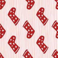 Simple doodle winter seamless pattern with christmas socks. Red colored new year ornament with stars. Light stripped background. vector